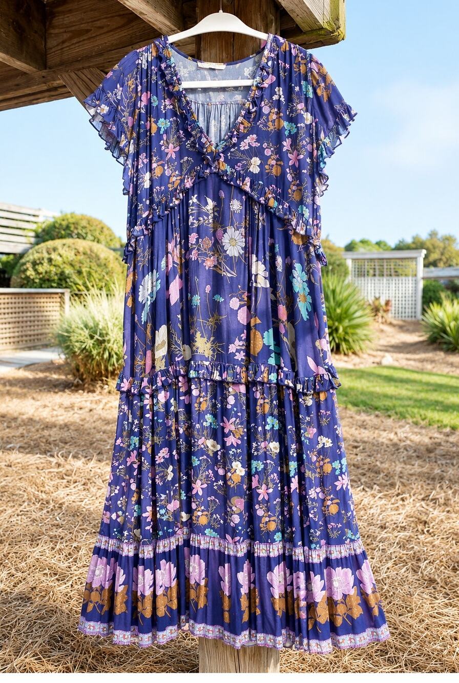 Spell Wild Bloom Maxi Dress Oversized XXS Floral Boho Tiered Ruffle Cottagecore